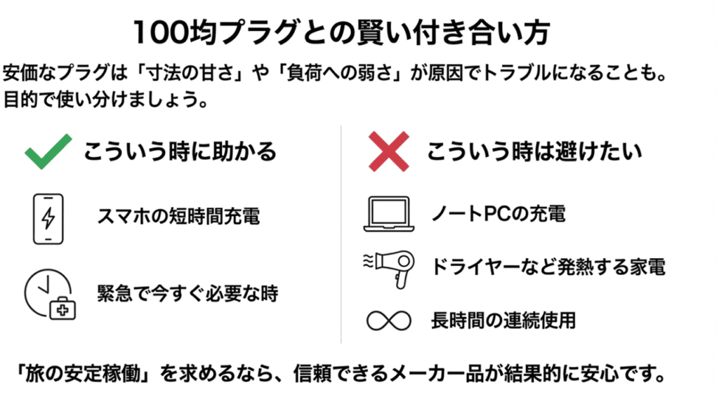 100均プラグが助かる場面（スマホ短時間充電など）と避けたい場面（ノートPC・ドライヤーなど）の比較表