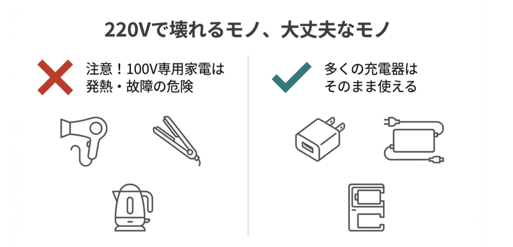 220Vで壊れるモノ（100V専用家電）と大丈夫なモノ（多くの充電器）の比較