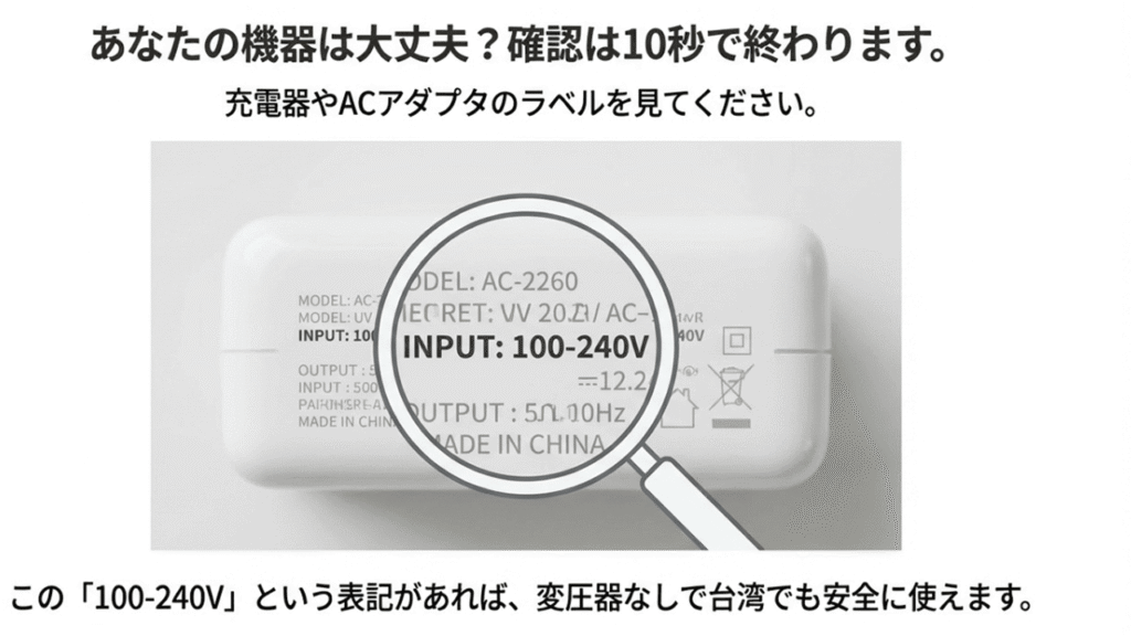 充電アダプタの裏面ラベルを虫眼鏡で拡大している図。「INPUT: 100-240V」という表記を確認する様子。