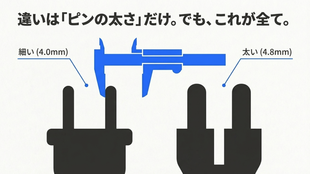 電源プラグのピンの太さを比較した図。Cタイプは細い4.0mm、SEタイプは太い4.8mmであり、この僅かな差が安定性に影響することを示している。