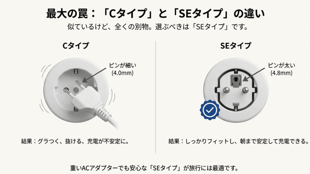 韓国コンセントのCタイプ（細い）とSEタイプ（太い）の形状比較図。SEタイプの方が安定することを示す解説
