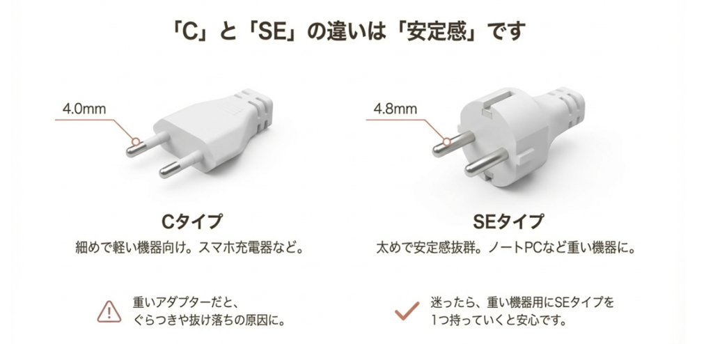 変換プラグCタイプ（4.0mm）とSEタイプ（4.8mm）のピンの太さの違いと、安定感に関する比較画像