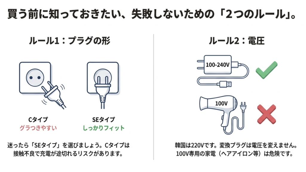 CタイプはグラつきやすくSEタイプはしっかりフィットする比較図と、100-240V対応の確認が必要という注意喚起