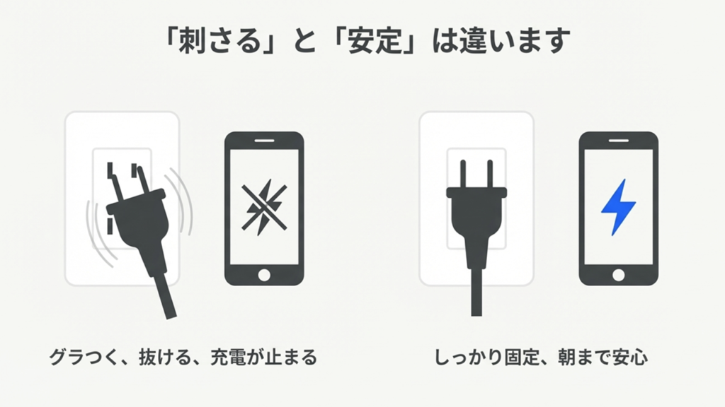 コンセントに挿したプラグがグラグラと不安定な様子と、充電が禁止マークで止まっているスマートフォンのイラスト。