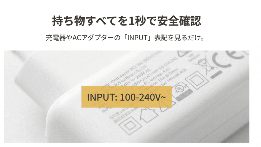 充電器のアダプターに記載された「INPUT: 100-240V」の表記箇所
