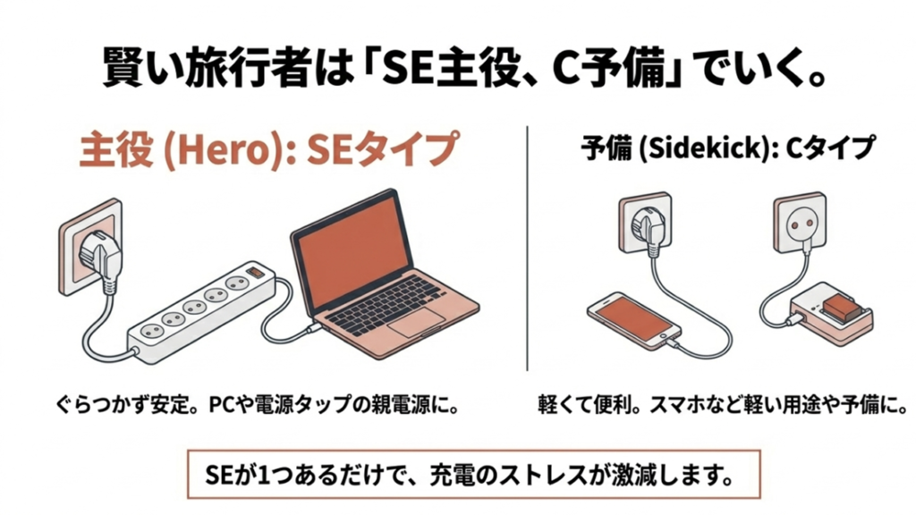 安定感のあるSEタイプを主役（PC等）に、軽量なCタイプを予備（スマホ等）にする使い分け戦略の解説。