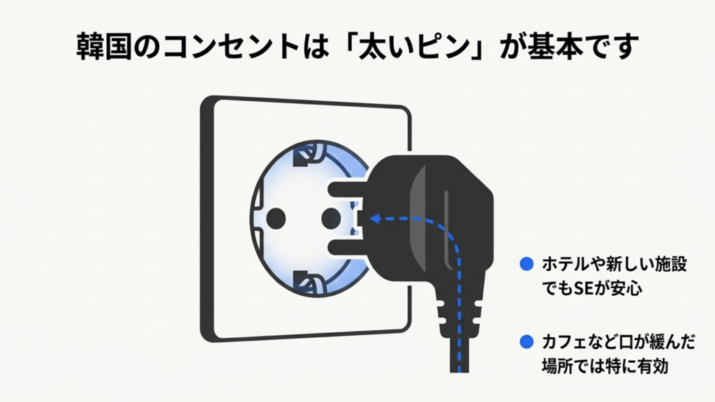 コンセントの奥までSEタイプのプラグがしっかりと差し込まれている断面図。ホテルやカフェなどの緩んだコンセントでも安定することを示している。