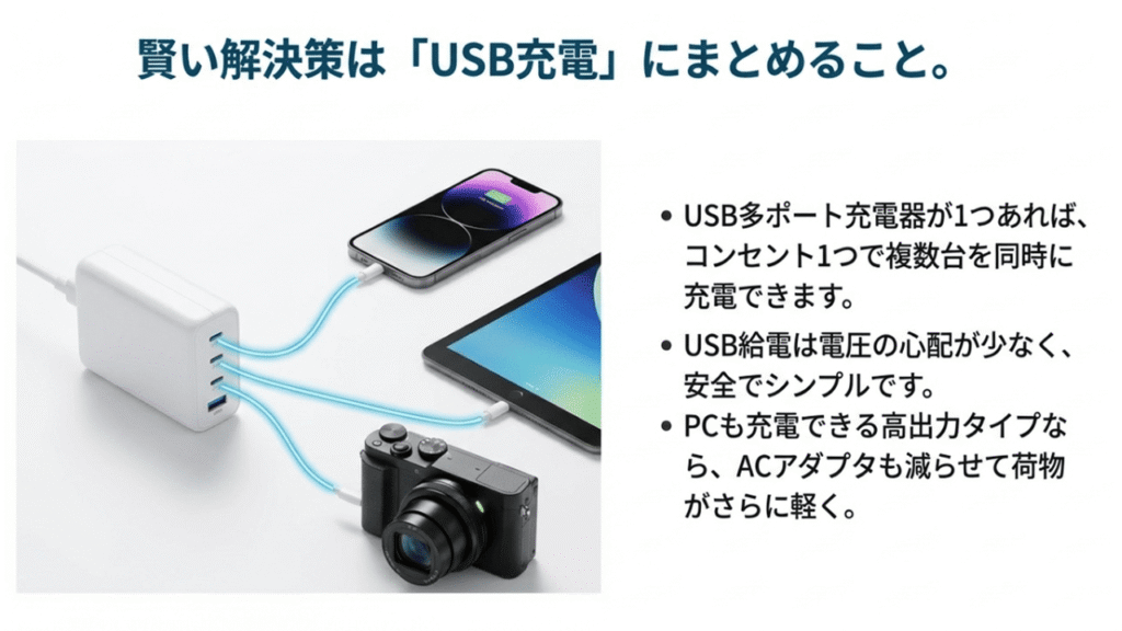 1つのコンセントからUSB多ポート充電器を使い、スマホ、タブレット、カメラを同時にスマートに充電しているイメージ。