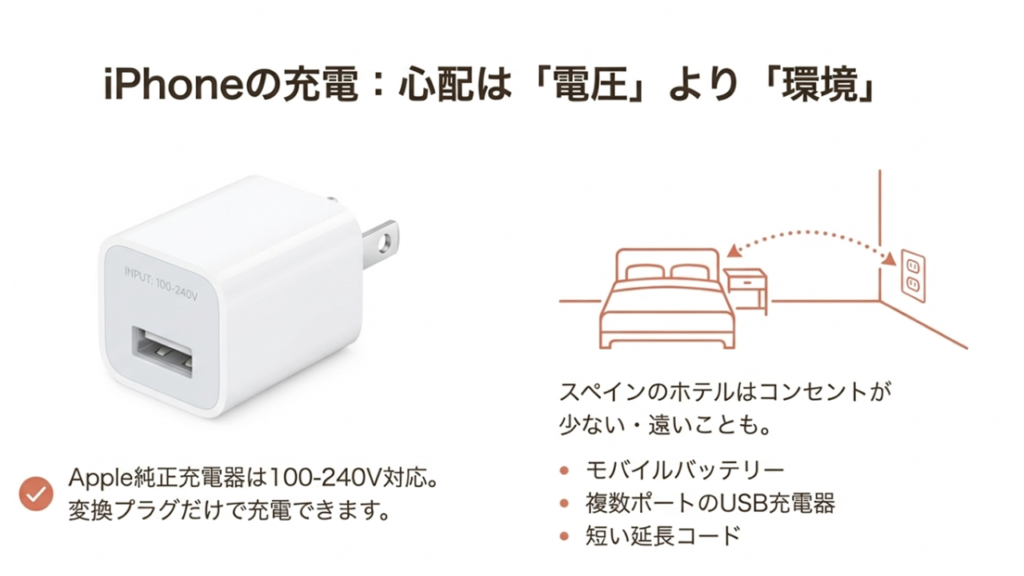 Apple純正充電器が電圧対応していることと、ホテルのコンセント位置に備えて延長コード等を用意するアドバイス