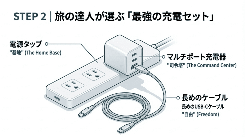 電源タップ（基地）、マルチポート充電器（司令塔）、長めのUSBケーブル（自由）を組み合わせた理想的な充電環境のイラスト。