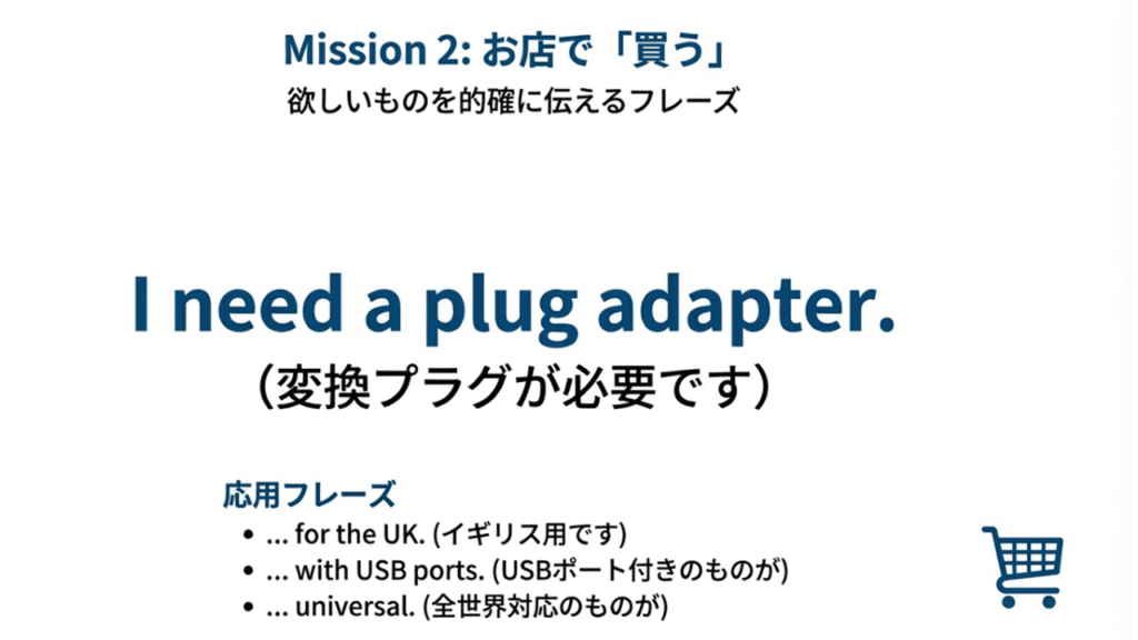 イギリス用、USBポート付き、全世界対応など、店で使える具体的な英語フレーズ。