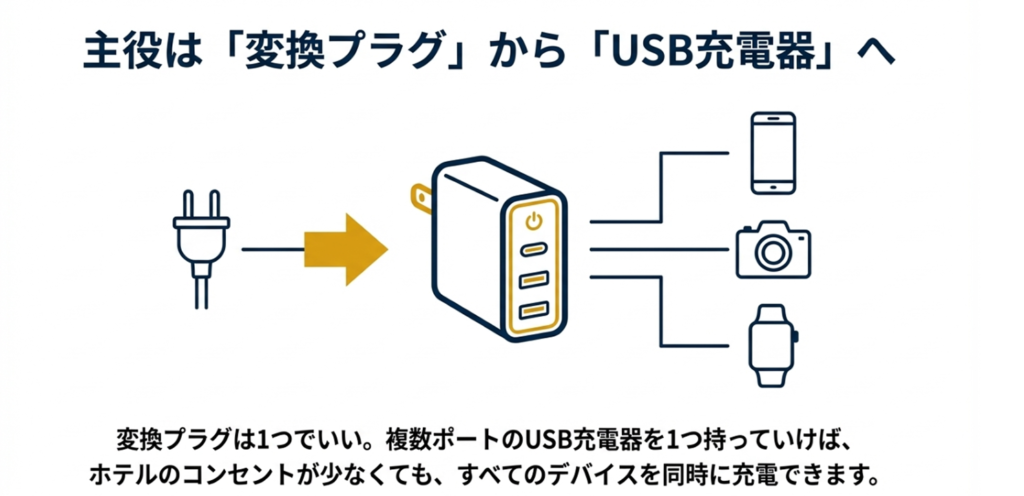 変換プラグに複数ポートのUSB充電器を組み合わせている図