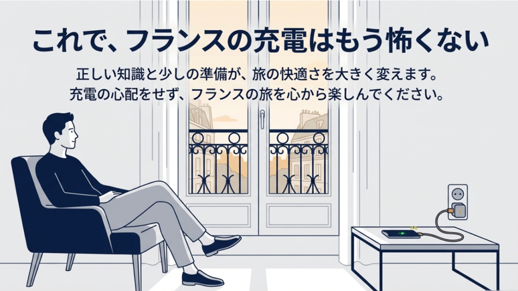 エッフェル塔を背景に安心している旅行者のイラスト