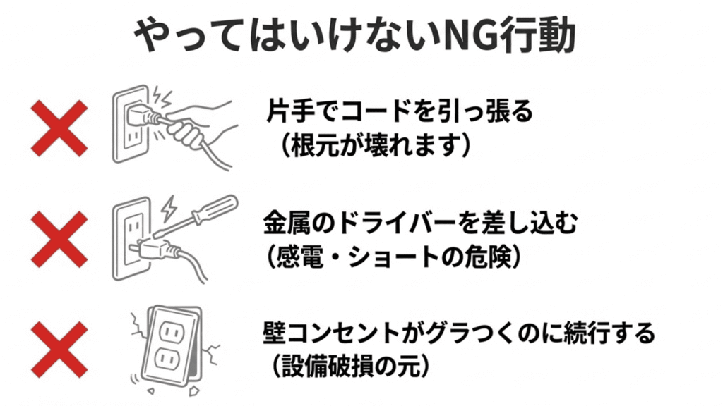 片手でコードを引っ張る、金属ドライバーを差し込む、グラつく壁で使用するなどの危険な行動を示すバツ印のイラスト