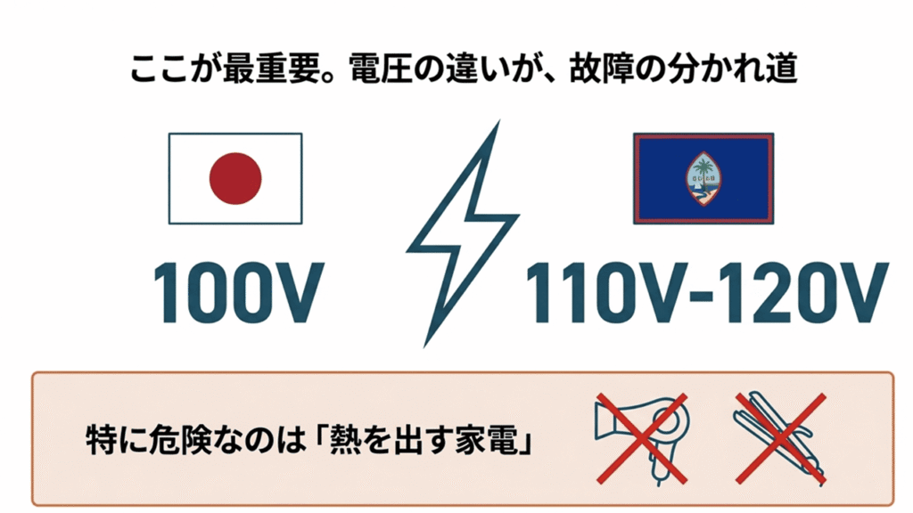 日本(100V)とグアム(110V-120V)の電圧の違いを示し、特にドライヤーやヘアアイロンなど熱を出す家電が危険であることを伝えるスライド。