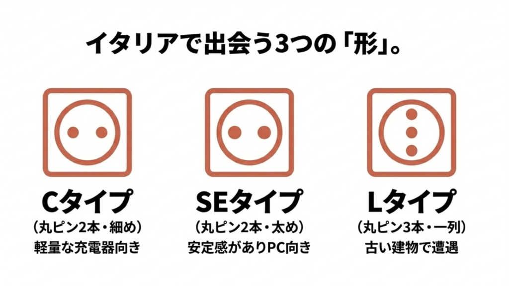 イタリアで遭遇するCタイプ（細い丸2本）、SEタイプ（太い丸2本）、Lタイプ（一列の丸3本）のイラストと特徴。