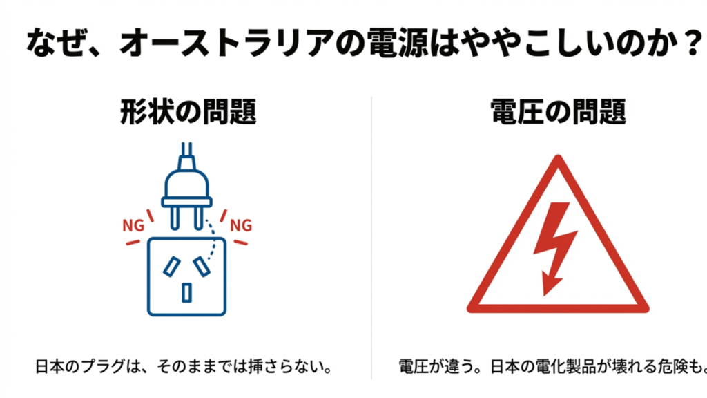 日本のプラグがそのまま挿せない形状の問題と、電圧の違いによる故障のリスクを説明するイラスト。