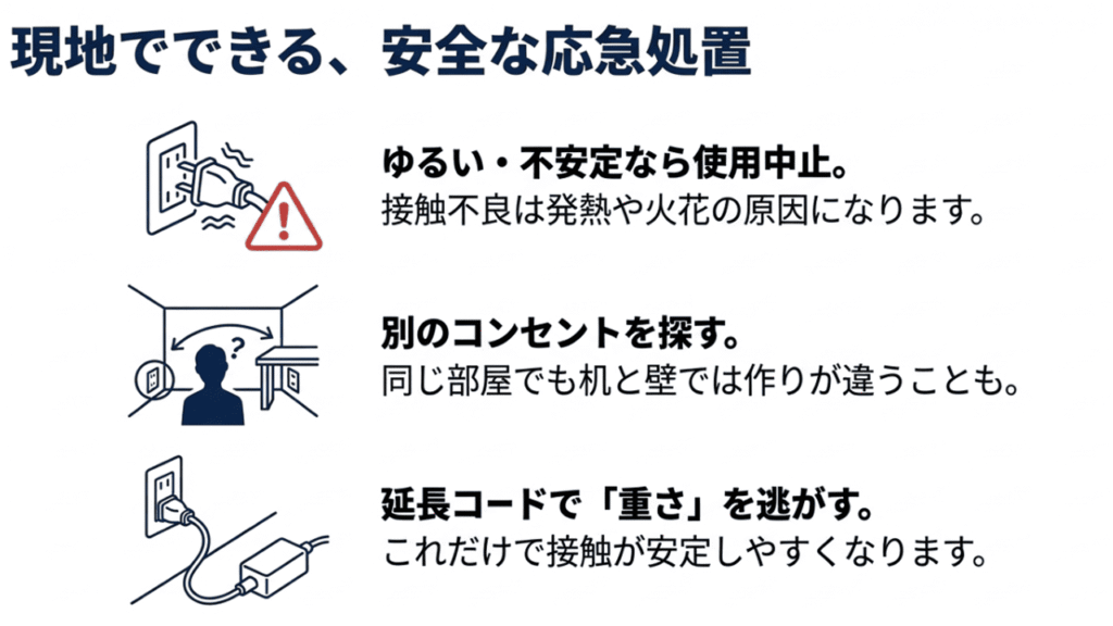 接触不良による発熱の警告アイコンと、延長コードを使って重いACアダプターを床に逃がす対策イラスト