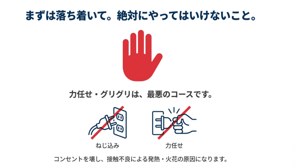 変換プラグを力任せにねじ込んだり叩いたりするNG行動と、それを制止する手のひらのイラスト