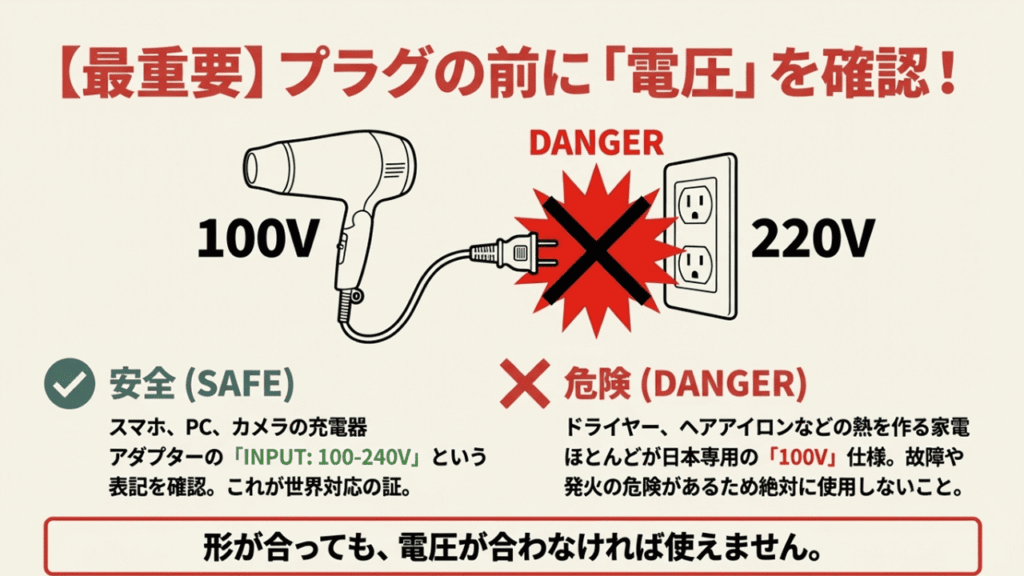 100V専用機器（ドライヤーなど）の危険マークと、100-240V対応機器（スマホなど）の安全マーク。電圧確認の重要性を示すイラスト。