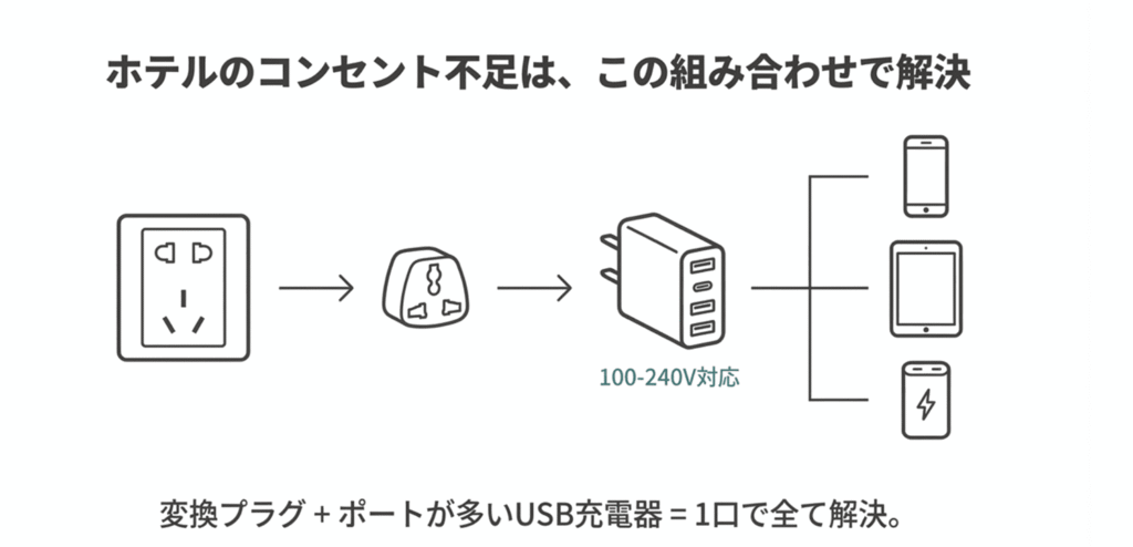 変換プラグと多ポートUSB充電器を組み合わせて1口で全て解決する図解