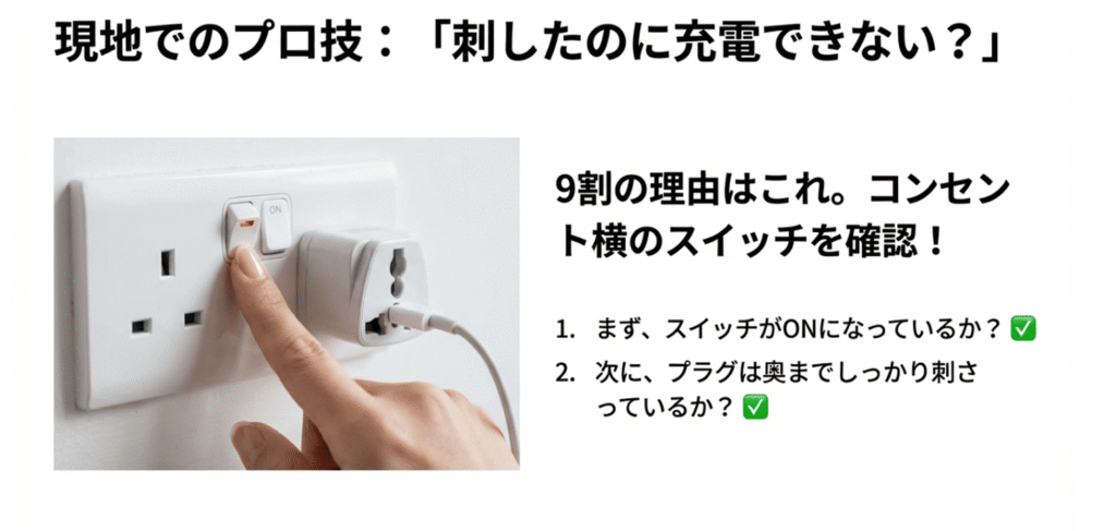 香港のコンセント横にある電源スイッチを指で押している様子