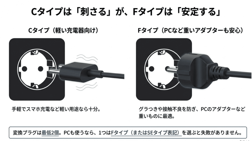 Cタイプは軽い充電器向け、FタイプはPCなどの重いアダプターでも安定する形状の比較。