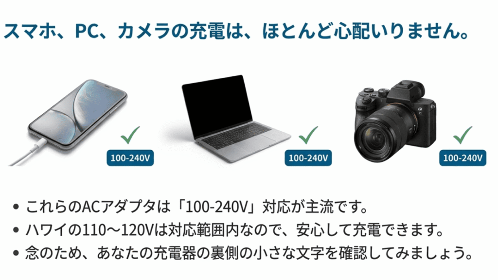 スマホやカメラのイラストと共に、これらの機器は100-240V対応が主流でありハワイでも安心して使えることを示す解説。