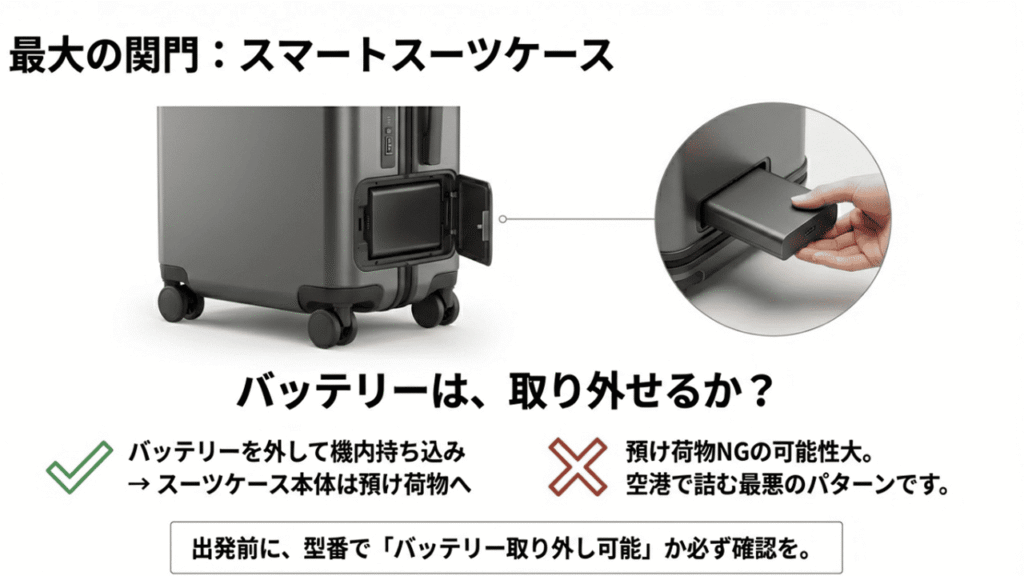 スマートスーツケースの最大の関門。バッテリーが取り外せるかどうかが重要で、外して機内持ち込みにする必要があることを示す図。