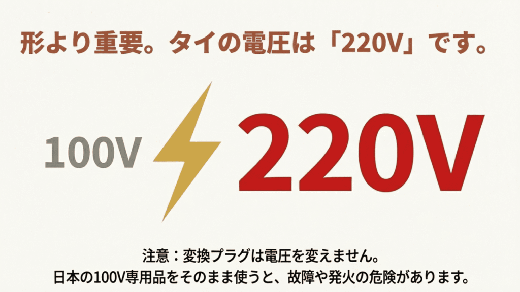 日本の100Vとタイの220Vの違いを強調し、そのまま使うと危険であることを示す警告イラスト