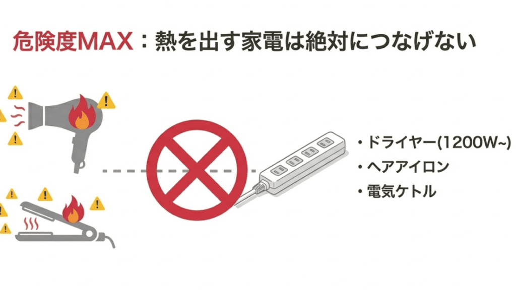 ドライヤーやヘアアイロンなどの熱を出す家電を延長コードで使用し、発火の危険があることを警告するイラスト