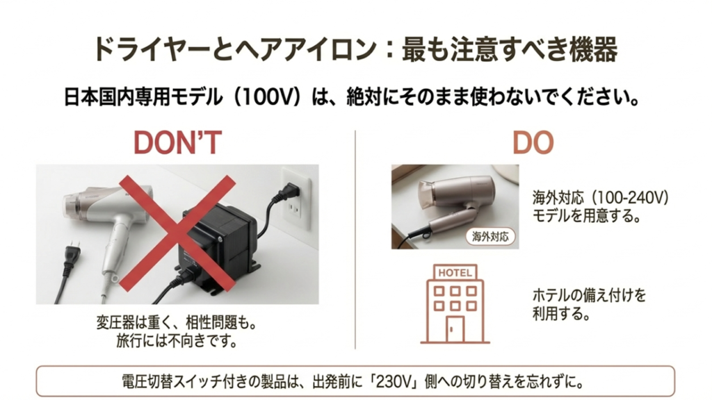 国内専用ドライヤーの使用禁止と、海外対応モデルやホテルの備え付けを利用することを推奨するスライド