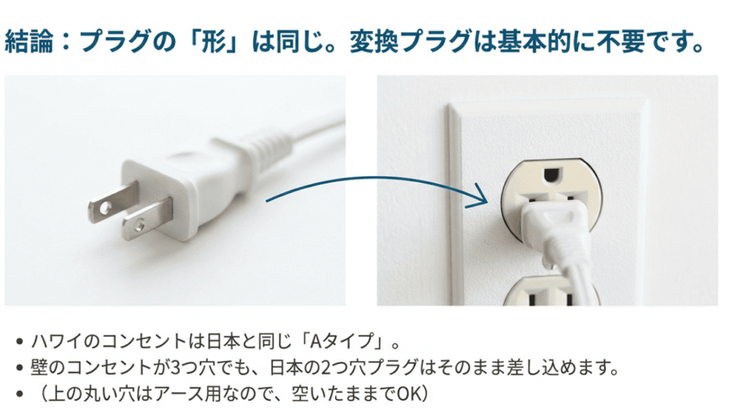 日本のAタイププラグがハワイの3つ穴コンセントに差し込まれる様子。「変換プラグは基本的に不要」という結論の解説。