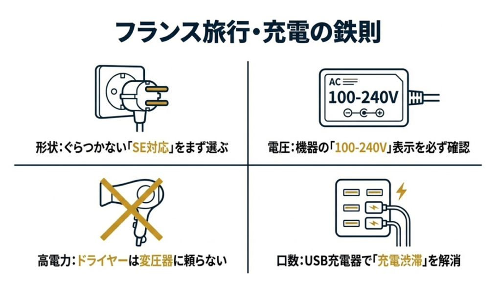 SE対応、100-240V、ドライヤー注意、USB活用をまとめたイラスト