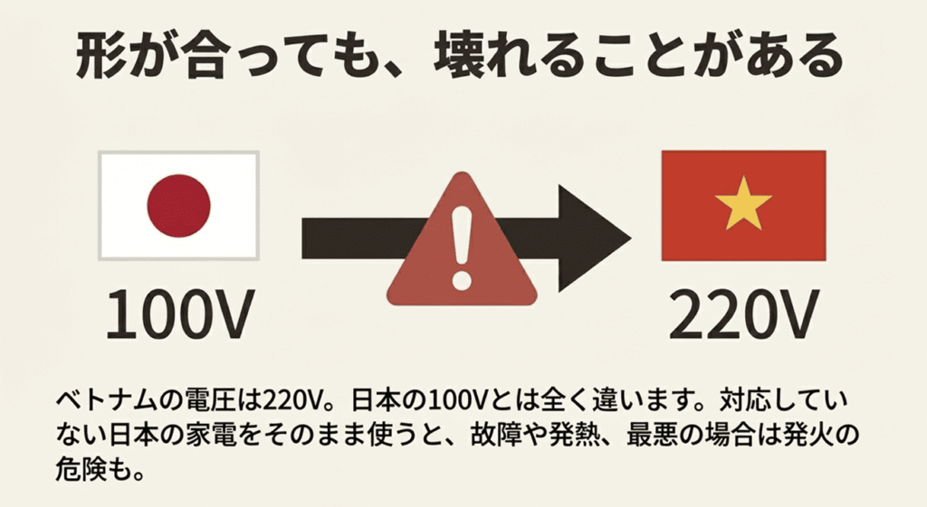 ベトナムの電圧は220Vであり、日本の100V専用家電をそのまま使うと故障するリスクがあることを示す警告画像