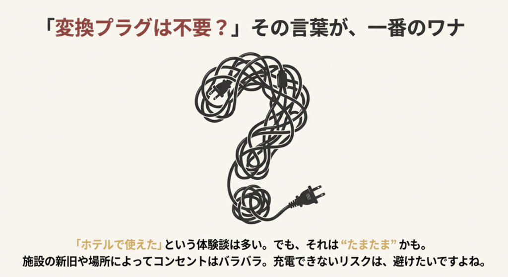 変換プラグは不要か、ホテルは大丈夫かなど、旅行者が抱く電源の悩み一覧