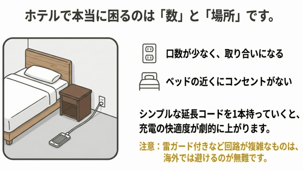 ベッドの枕元にコンセントがなく、遠い壁のコンセントから充電ケーブルを伸ばして床にスマホを置いている困った様子のイラスト。