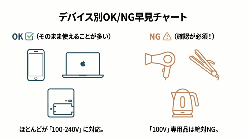 スマホやPCはOK、ドライヤーやケトルはNGなど、持ち物別にグアムでそのまま使えるかを色分けして示したチャート。