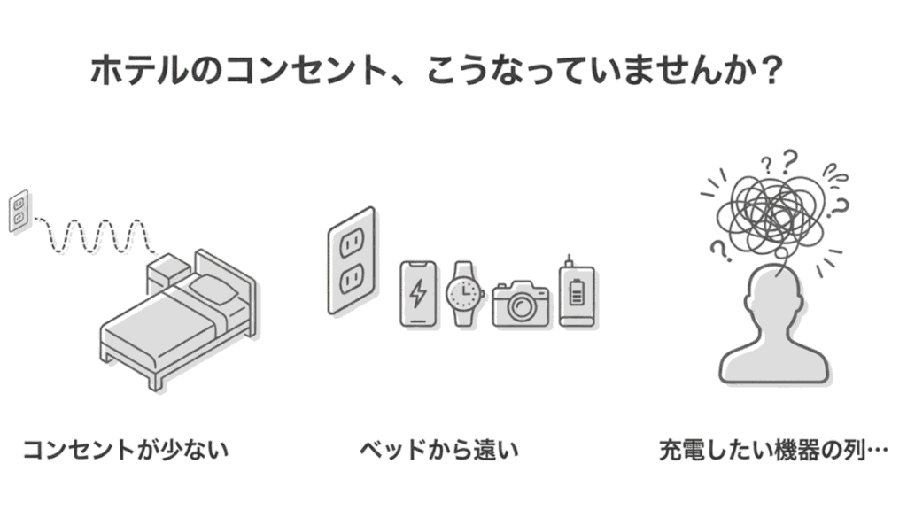 ホテルのコンセントが少なく、ベッドから遠いため、充電したい機器（スマホ、カメラ、バッテリー）が渋滞している様子のイラスト