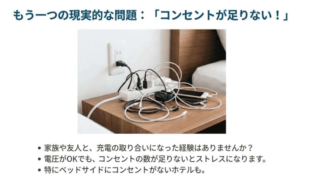 ホテルのテーブル上で、複数の電源コードやスマホが複雑に絡まり、コンセントが足りなくなっている様子の写真。