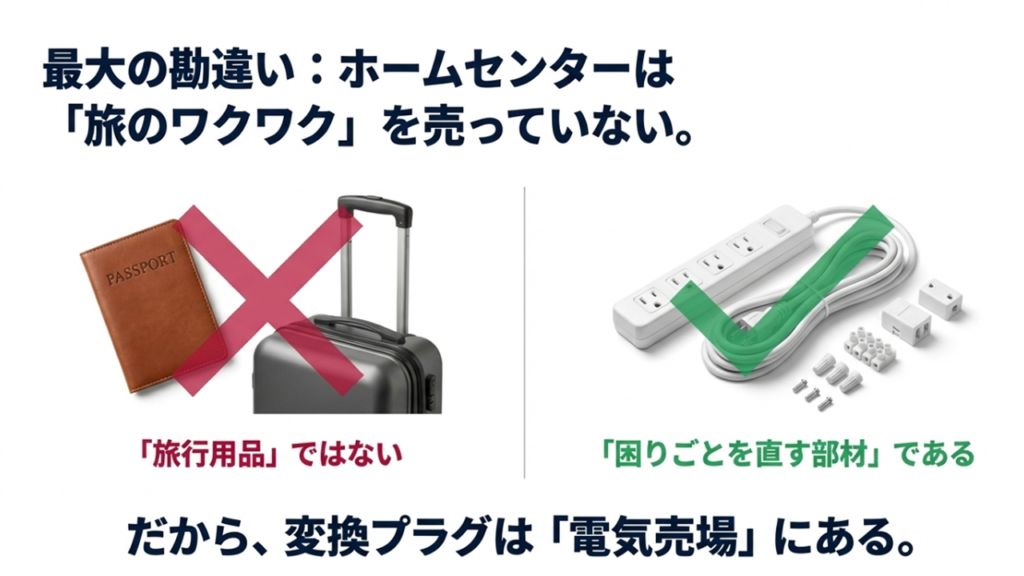 ホームセンターでは「旅行用品」ではなく「困りごとを直す部材」として電気売場に置かれていることを示す図解。