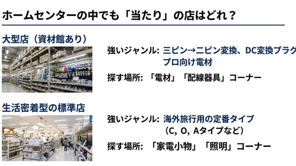 大型店と標準店で異なる強いジャンルと探すべきコーナーを解説したスライド。