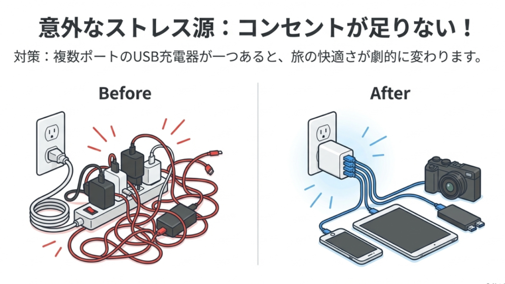 複数ポートのUSB充電器を使ってコンセント不足を解消するビフォーアフター
