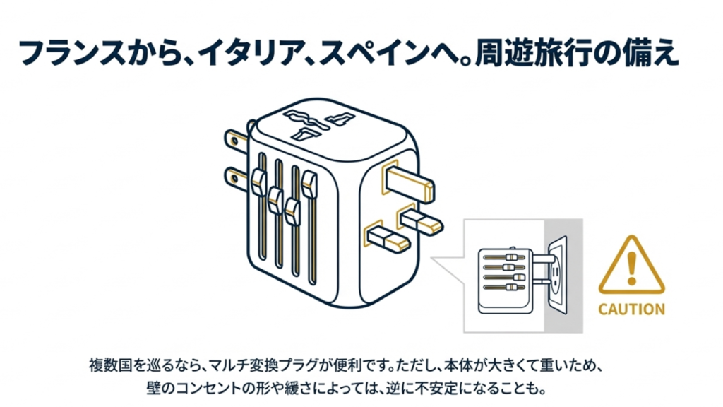 大型のマルチ変換プラグが壁のコンセントから重みで抜けそうになっている図