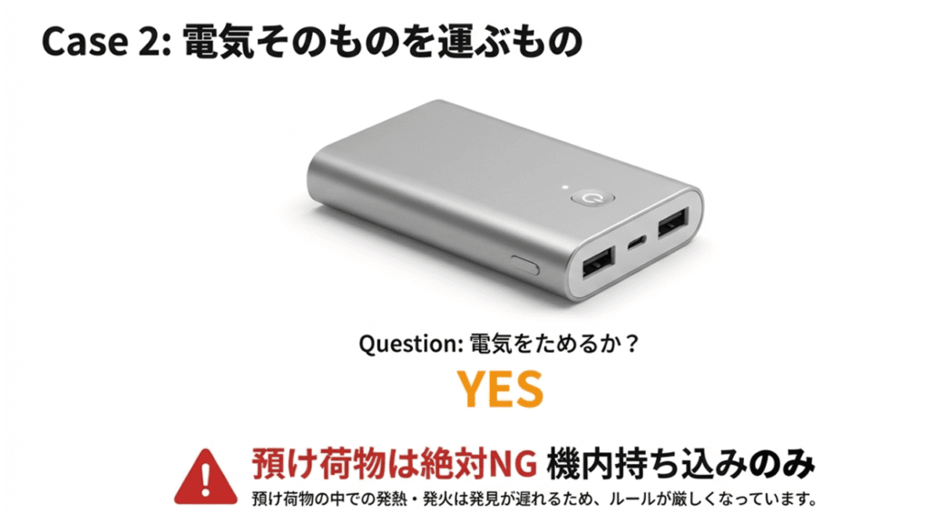 Case 2：電気そのものを運ぶもの（モバイルバッテリー）は預け荷物は絶対NG、機内持ち込みのみ可能であることを示す注意喚起の図。