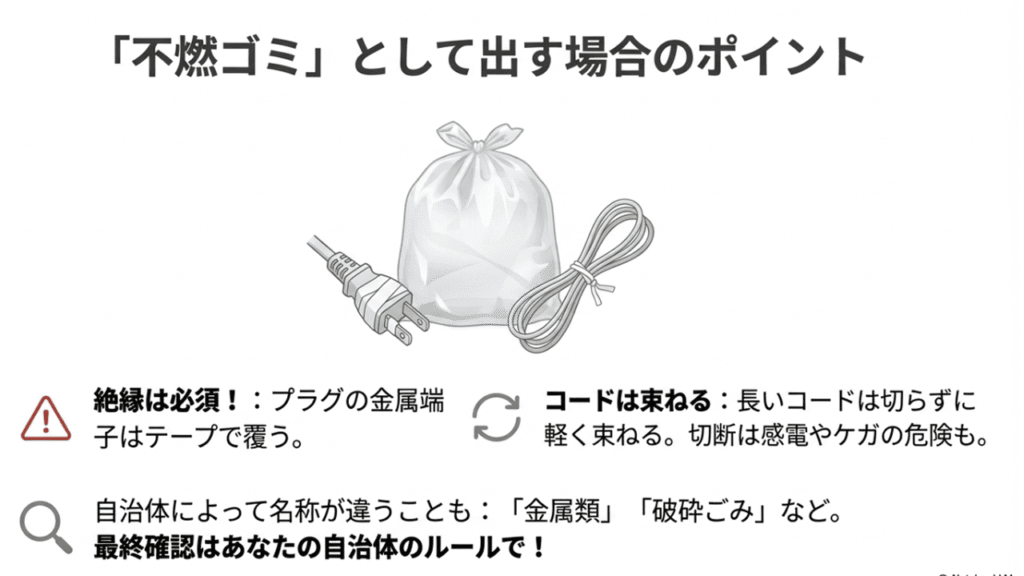 絶縁したプラグと束ねたコードを透明なゴミ袋に入れているイラスト。不燃ゴミとしての排出イメージ。