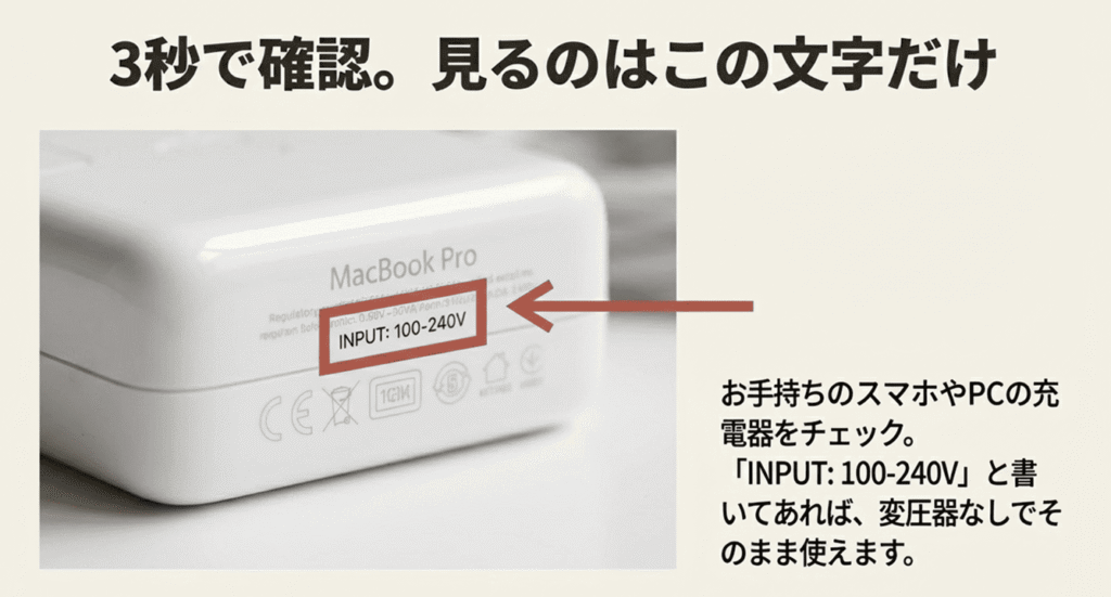 アダプターに記載されたINPUT 100-240Vという表記を確認し、変圧器が不要かを判断する方法の図解
