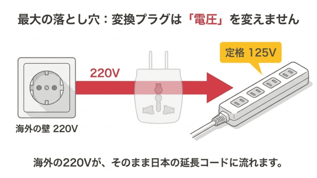 海外の壁コンセント（220V）から変換プラグを通しても、電圧はそのまま日本の延長コード（定格125V）に流れてしまう仕組みの図解