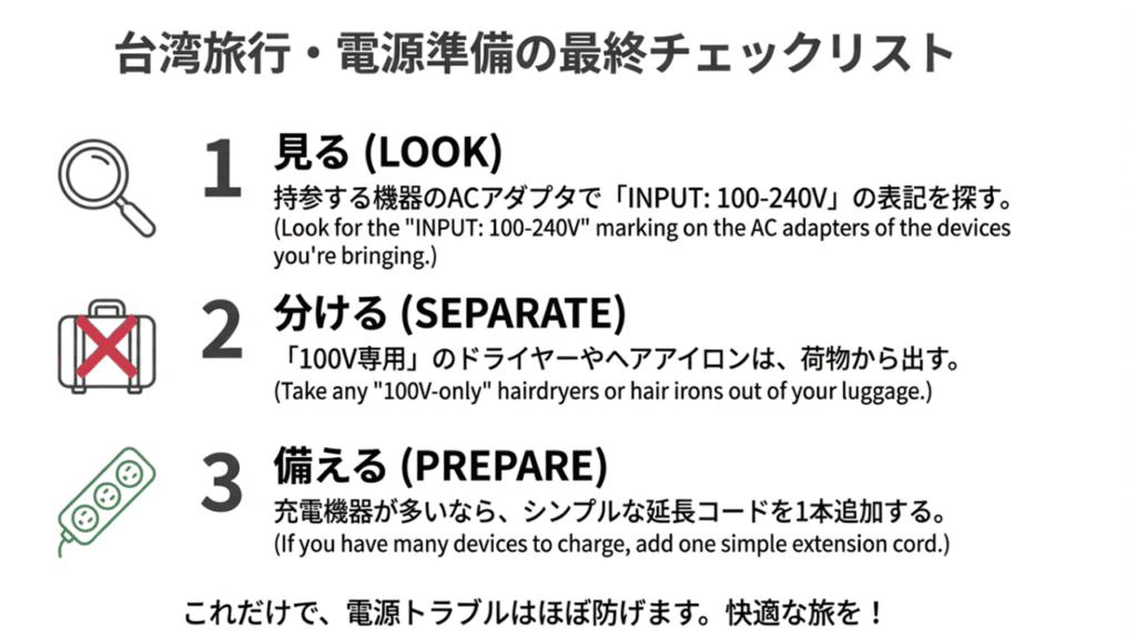 「見る（LOOK）」「分ける（SEPARATE）」「備える（PREPARE）」の3つのアクションを示したアイコン一覧。ラベル確認、非対応製品の除外、延長コードの準備を推奨する図。