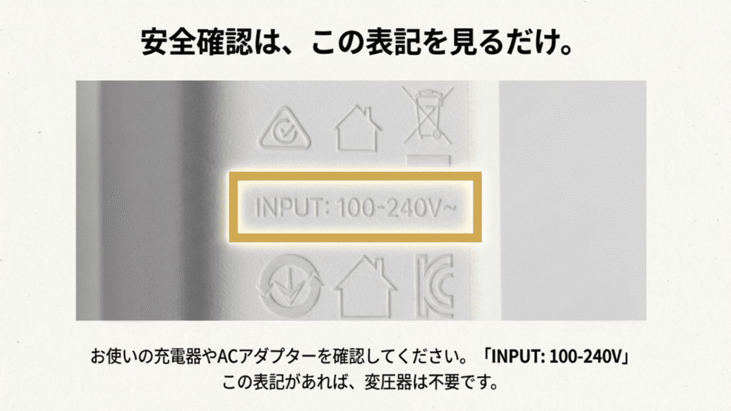 ACアダプターの仕様欄にある「INPUT: 100-240V」という表記を確認し、海外対応かどうかを判断する方法の図解